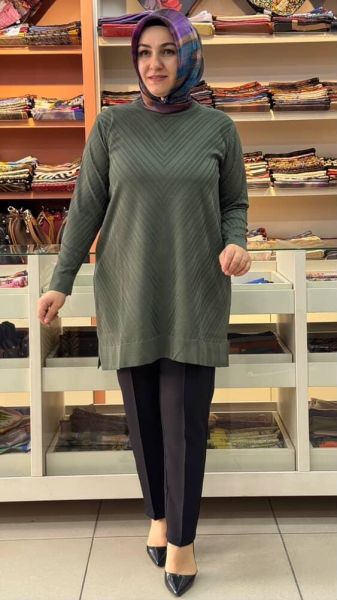 Zikzak Desen Merserize Triko Tunik Haki/1837