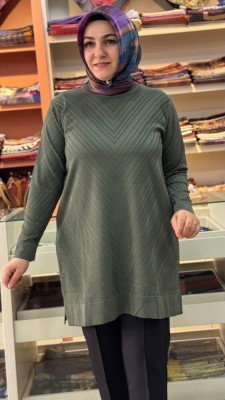 Zikzak Desen Merserize Triko Tunik Haki/1837 - Thumbnail