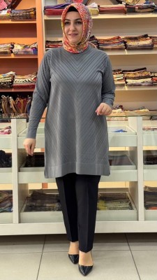  - Zikzak Desen Merserize Triko Tunik Gri/1837