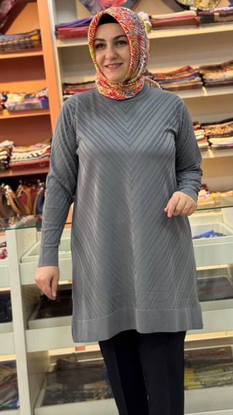 Zikzak Desen Merserize Triko Tunik Gri/1837