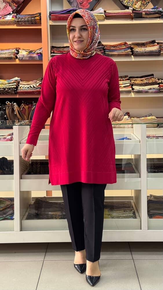  - Zikzak Desen Merserize Triko Tunik Kırmızı/1837