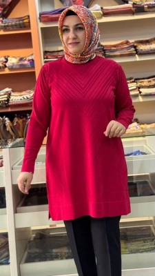 Zikzak Desen Merserize Triko Tunik Kırmızı/1837 - Thumbnail