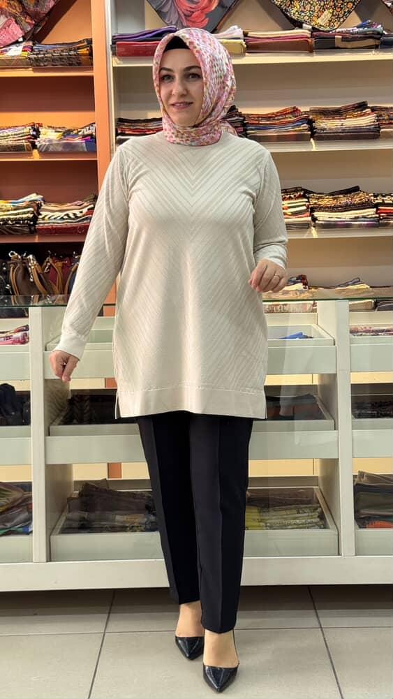  - Zikzak Desen Merserize Triko Tunik Taş/1837