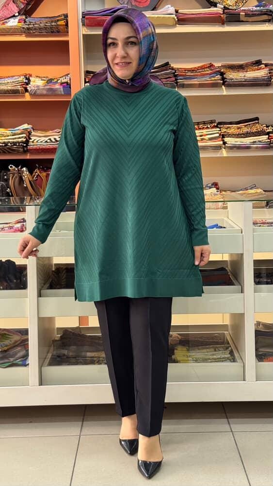  - Zikzak Desen Merserize Triko Tunik Zümrüt/1837