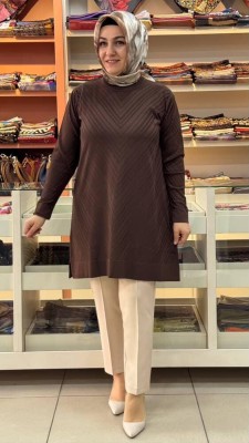  - Zikzak Desen Merserize Triko Tunik Acı Kahve/1837
