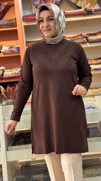 Zikzak Desen Merserize Triko Tunik Acı Kahve/1837
