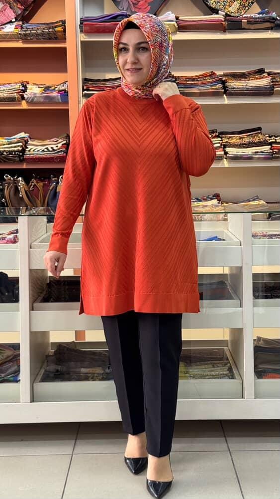  - Zikzak Desen Merserize Triko Tunik Turuncu/1837