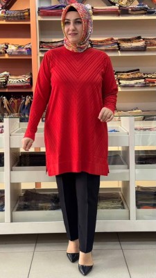 Zikzak Desen Merserize Triko Tunik Mercan/1837 - Thumbnail