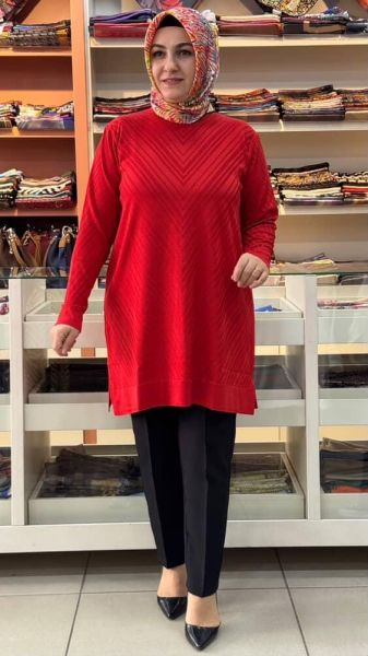 Zikzak Desen Merserize Triko Tunik Mercan/1837