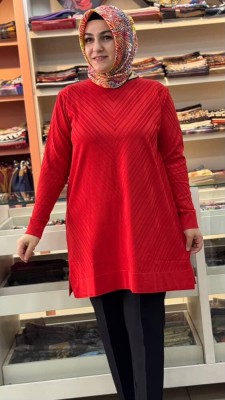 Zikzak Desen Merserize Triko Tunik Mercan/1837 - Thumbnail