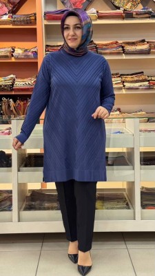  - Zikzak Desen Merserize Triko Tunik İndigo/1837