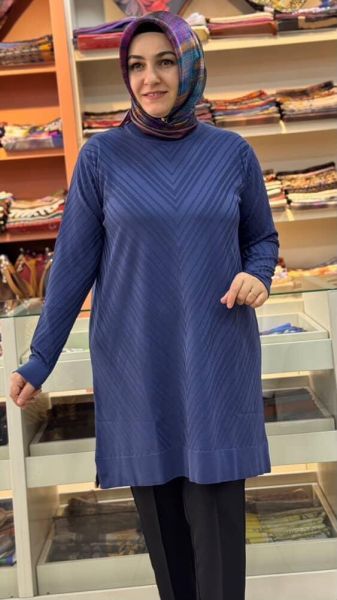 Zikzak Desen Merserize Triko Tunik İndigo/1837