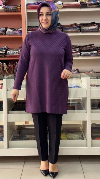 Zikzak Desen Merserize Triko Tunik Mor/1837