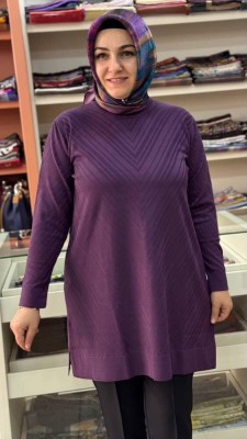 Zikzak Desen Merserize Triko Tunik Mor/1837 - Thumbnail