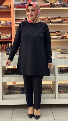 Zikzak Desen Merserize Triko Tunik Siyah/1837 - Thumbnail