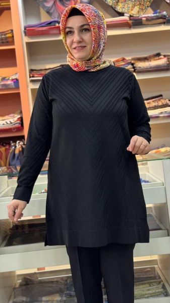 Zikzak Desen Merserize Triko Tunik Siyah/1837