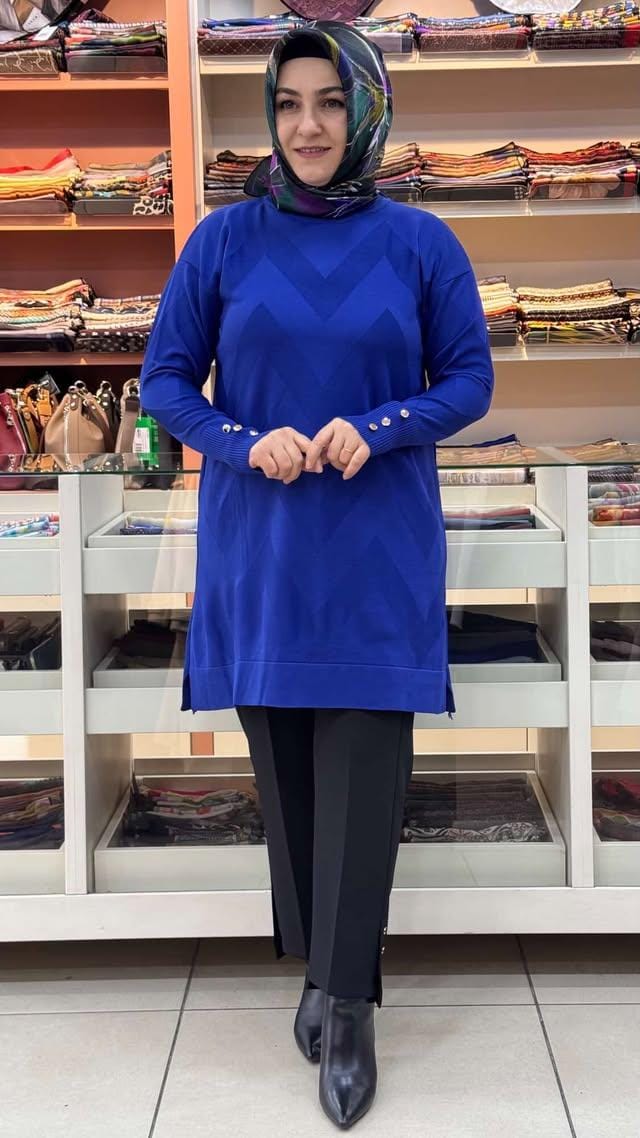  - Zikzak Desen Triko Tunik Saks/3183