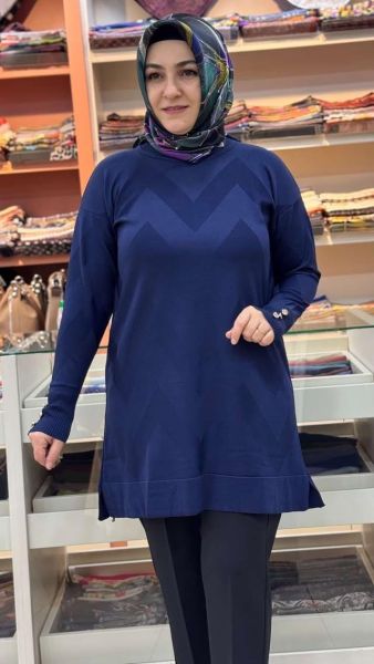 Zikzak Desen Triko Tunik Lacivert/3183
