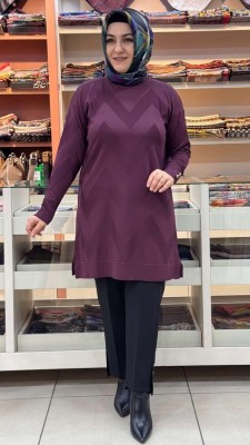 Zikzak Desen Triko Tunik Mürdüm/3183 - Thumbnail