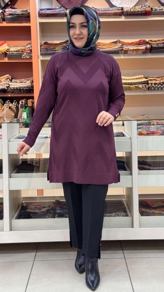 Zikzak Desen Triko Tunik Mürdüm/3183