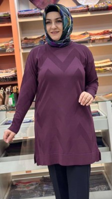 Zikzak Desen Triko Tunik Mürdüm/3183 - Thumbnail