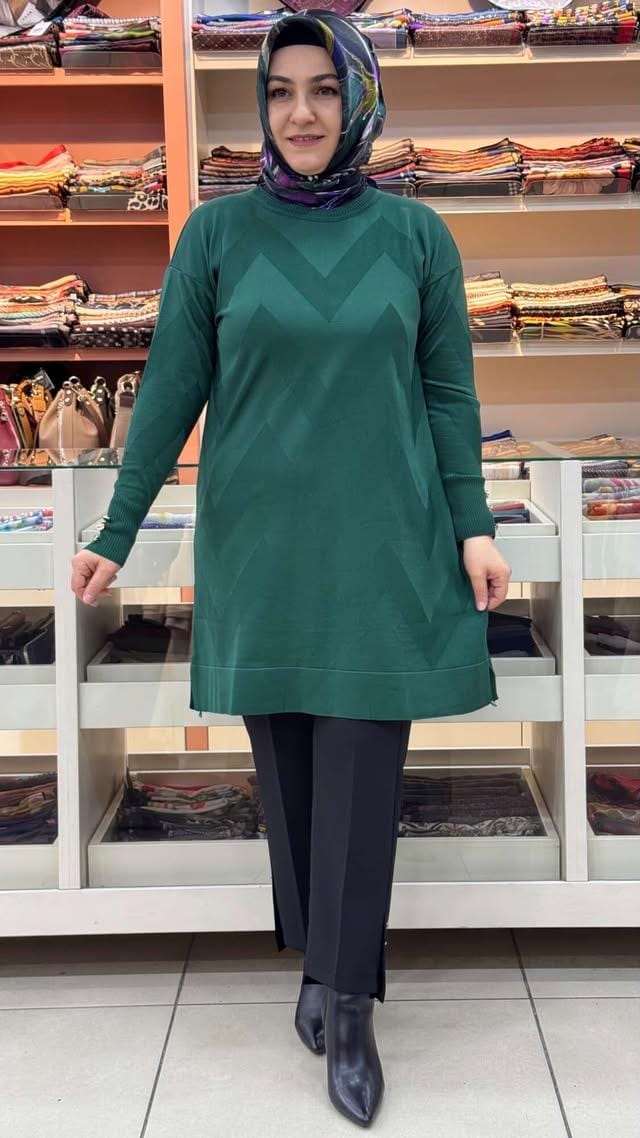  - Zikzak Desen Triko Tunik Zümrüt/3183