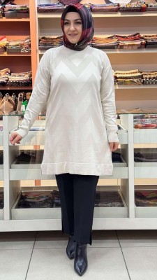 Zikzak Desen Triko Tunik Krem/3183 - Thumbnail