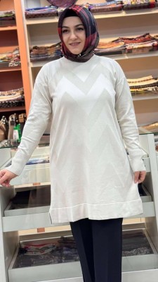 Zikzak Desen Triko Tunik Krem/3183 - Thumbnail