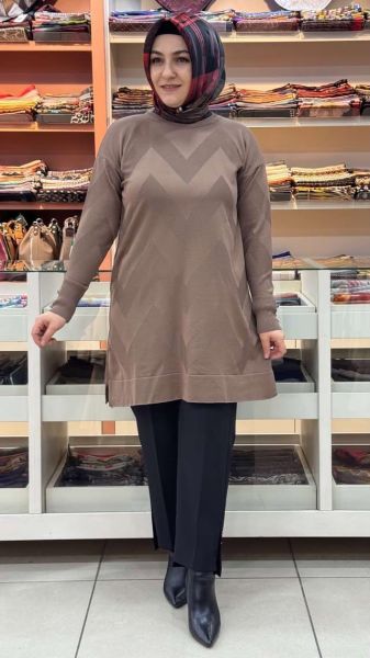 Zikzak Desen Triko Tunik Kahve/3183