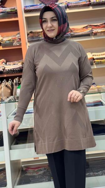 Zikzak Desen Triko Tunik Kahve/3183