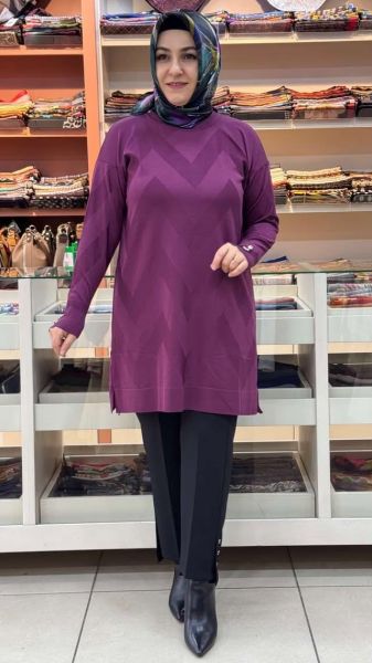Zikzak Desen Triko Tunik Mor/3183