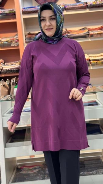 Zikzak Desen Triko Tunik Mor/3183
