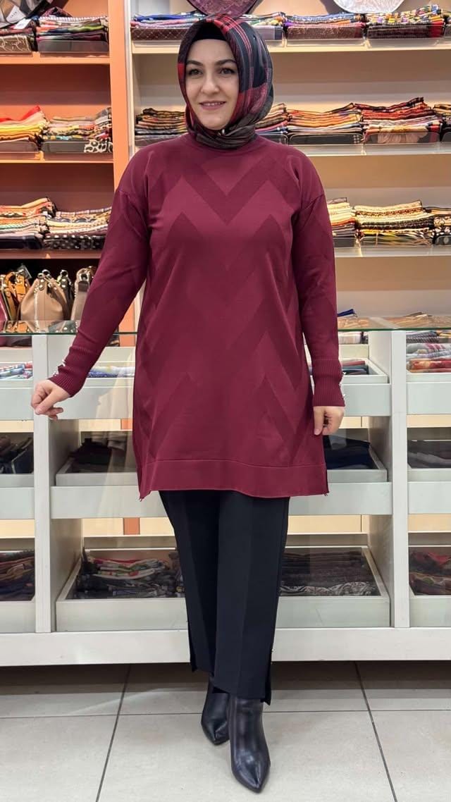  - Zikzak Desen Triko Tunik Bordo/3183
