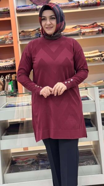 Zikzak Desen Triko Tunik Bordo/3183