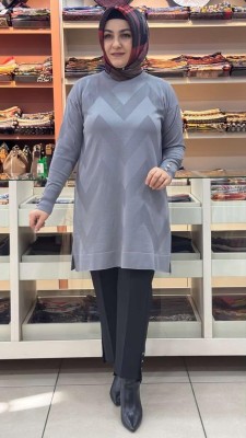 - Zikzak Desen Triko Tunik Gri/3183