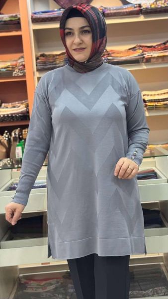 Zikzak Desen Triko Tunik Gri/3183