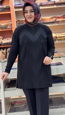 Zikzak Desen Triko Tunik Siyah/3183 - Thumbnail