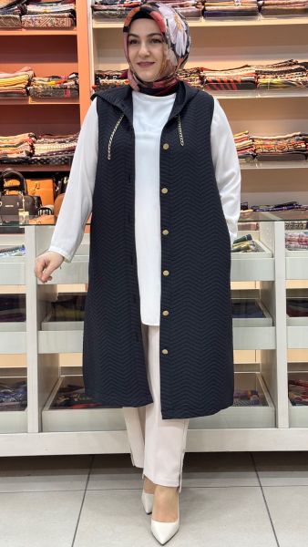 Zikzak Desenli Düğmeli Yelek Siyah/257190