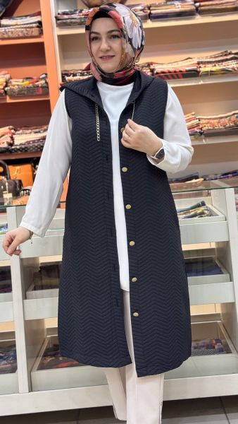 Zikzak Desenli Düğmeli Yelek Siyah/257190