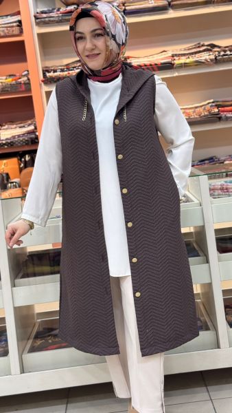 Zikzak Desenli Düğmeli Yelek Kahve/257190