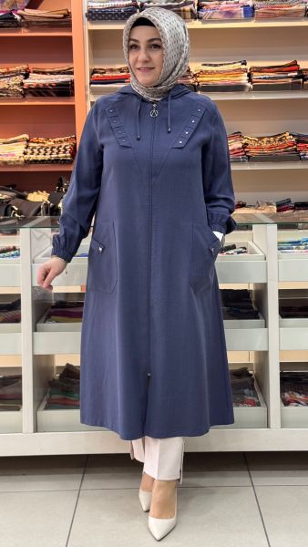 Zımba Ve Cep Detaylı Fermuarlı Kap Mavi/1216