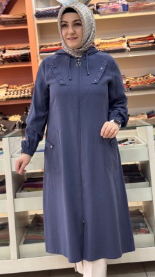 Zımba Ve Cep Detaylı Fermuarlı Kap Mavi/1216 - Thumbnail