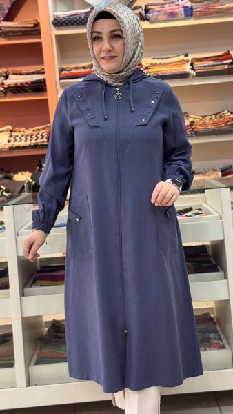 Zımba Ve Cep Detaylı Fermuarlı Kap Mavi/1216