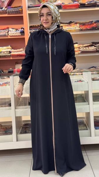 Zincir Detaylı Kapşonlu Ferace Siyah/60010