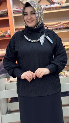 Zincir Ve Flar Detaylı Bluz Siyah / 71418 - Thumbnail