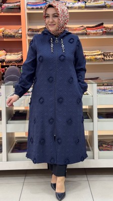 Berelance - Zincir Ve Kapşon Detaylı Kendinden Desenli Kap Lacivert /72301