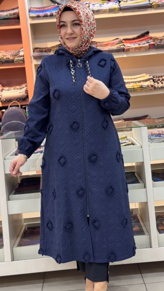 Zincir Ve Kapşon Detaylı Kendinden Desenli Kap Lacivert /72301