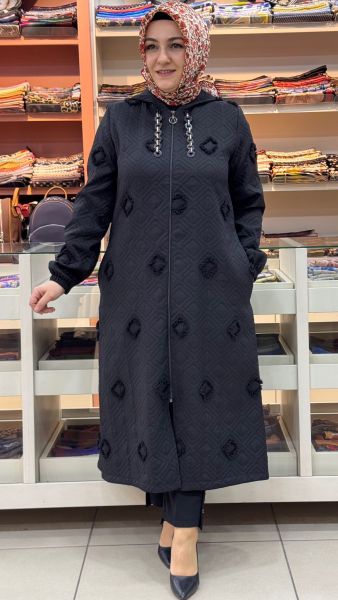 Zincir Ve Kapşon Detaylı Kendinden Desenli Kap Siyah/72301