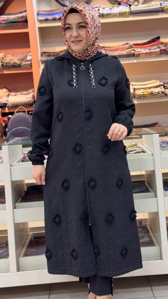 Zincir Ve Kapşon Detaylı Kendinden Desenli Kap Siyah/72301